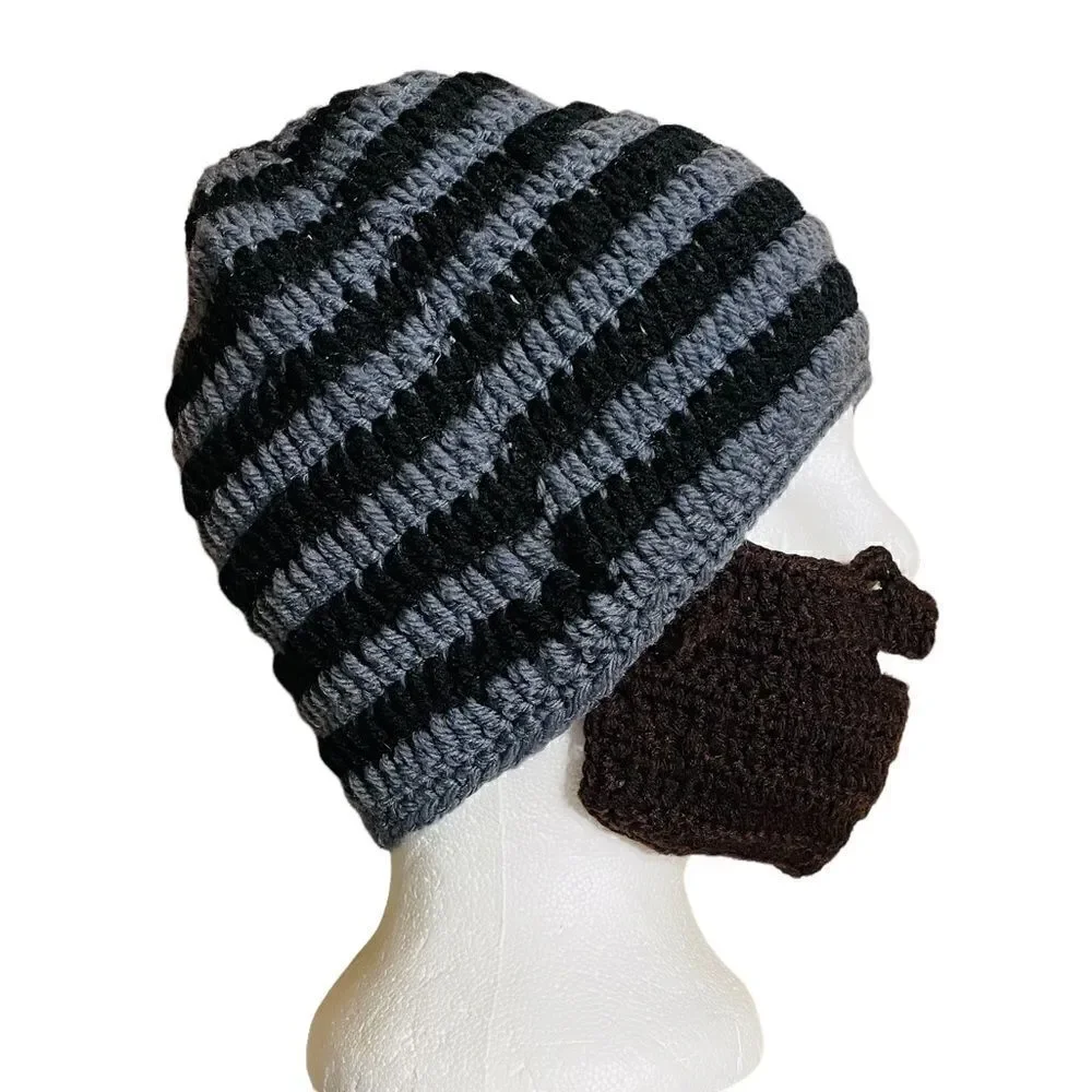 Grey and Black Striped Knitted Balaclava Beanie hat with brown face guard